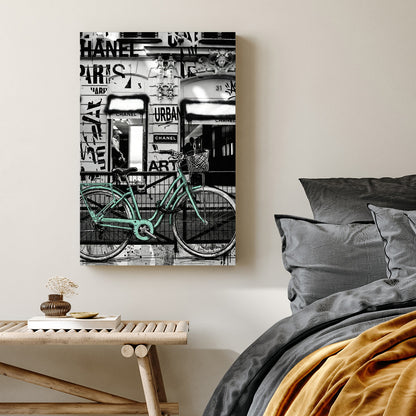 Chanel Paris wall art featuring a mint bicycle and urban graffiti elements.
