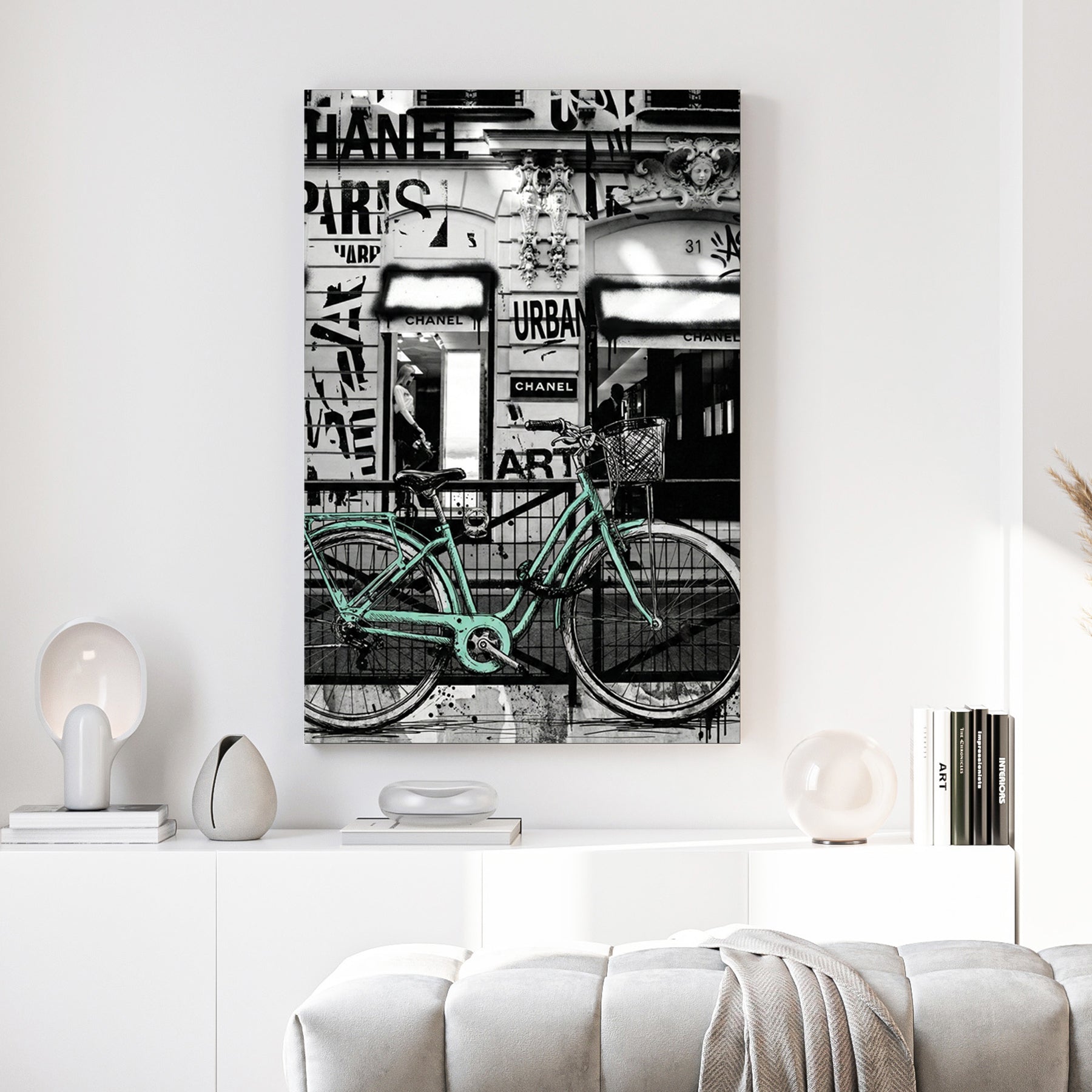 Chanel Paris wall art featuring a mint bicycle and urban graffiti elements.