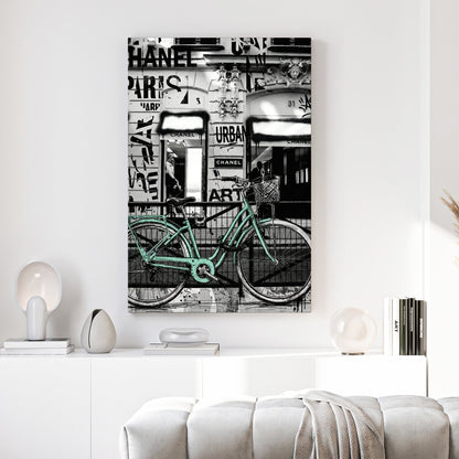 Chanel Paris wall art featuring a mint bicycle and urban graffiti elements.