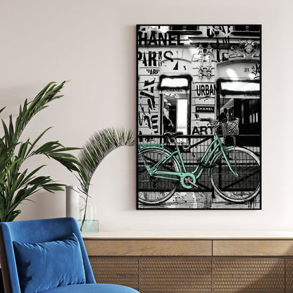 Chanel Paris wall art featuring a mint bicycle and urban graffiti elements.
