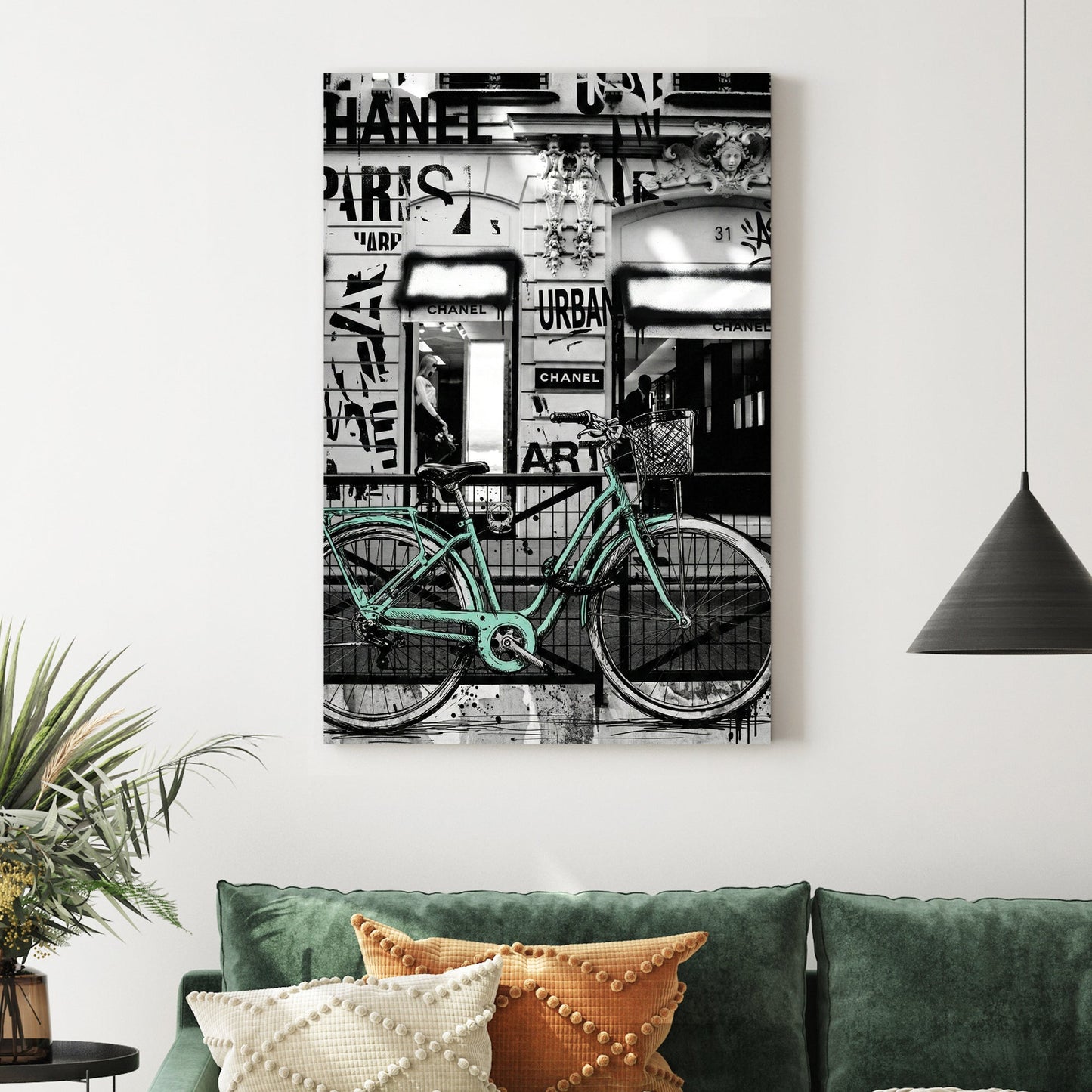 Chanel Paris wall art featuring a mint bicycle and urban graffiti elements.