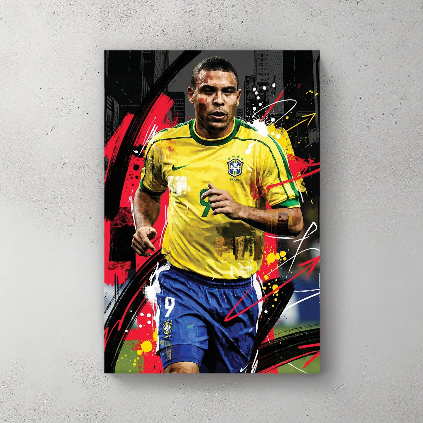 Ronaldo Nazário Brazil jersey street art wall art with urban background.