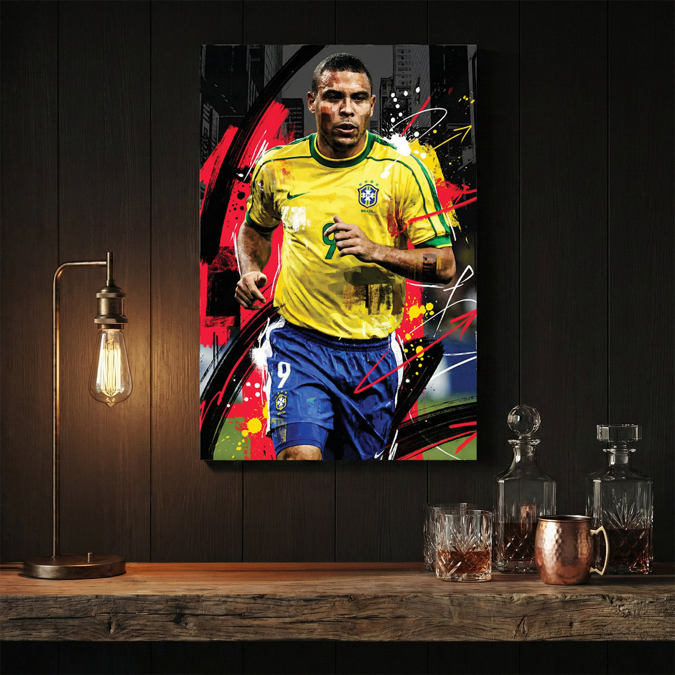 Ronaldo Nazário Brazil jersey street art wall art with urban background.