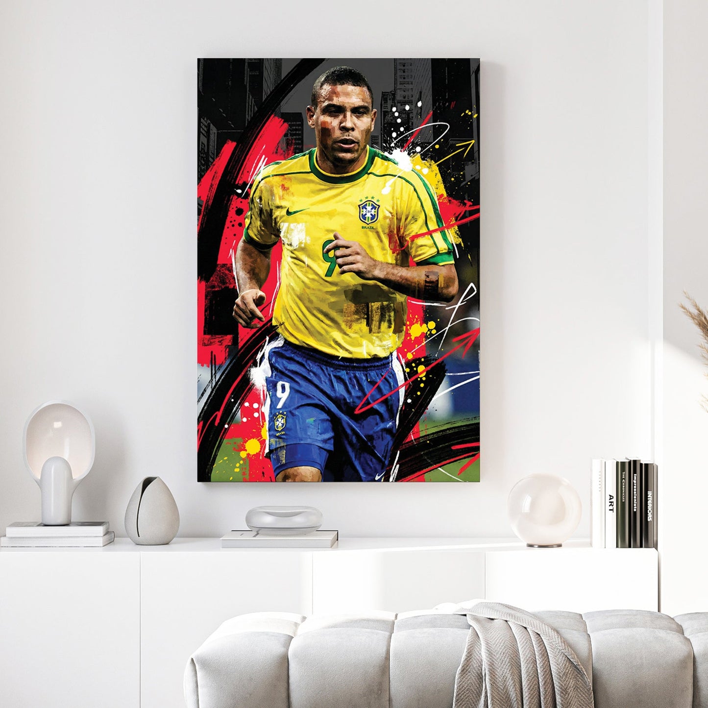 Ronaldo Nazário Brazil jersey street art wall art with urban background.