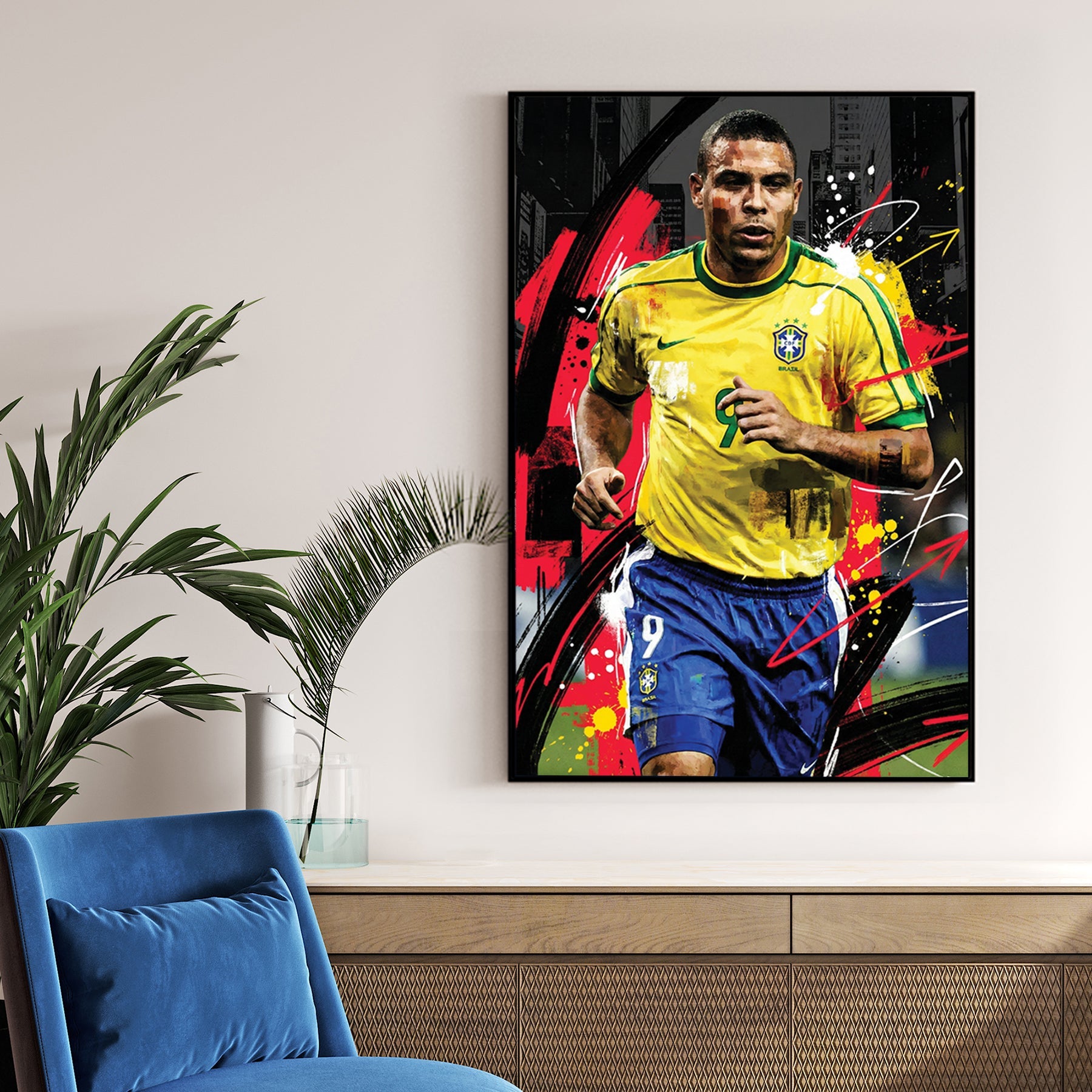 Ronaldo Nazário Brazil jersey street art wall art with urban background.