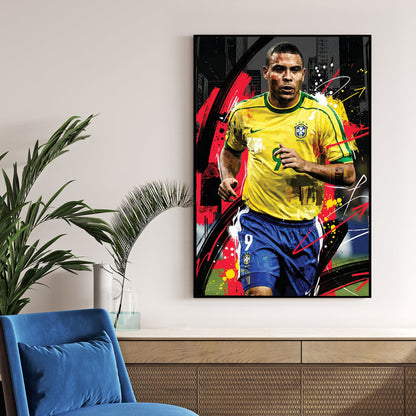 Ronaldo Nazário Brazil jersey street art wall art with urban background.