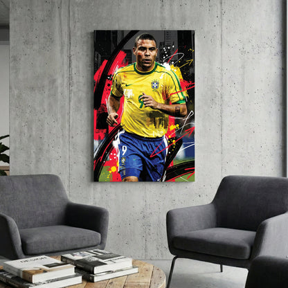 Ronaldo Nazário Brazil jersey street art wall art with urban background.