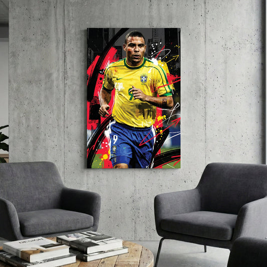 Ronaldo Nazário Brazil jersey street art wall art with urban background.
