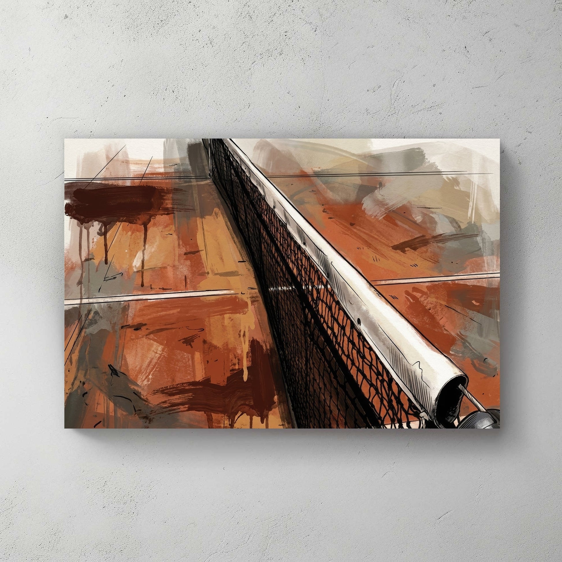 A watercolour and ink wash illustration of a Clay Tennis Court and net wall art.
