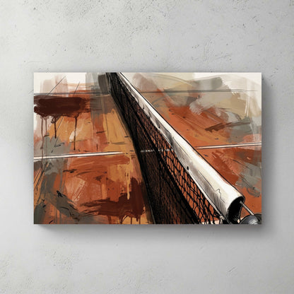 A watercolour and ink wash illustration of a Clay Tennis Court and net wall art.