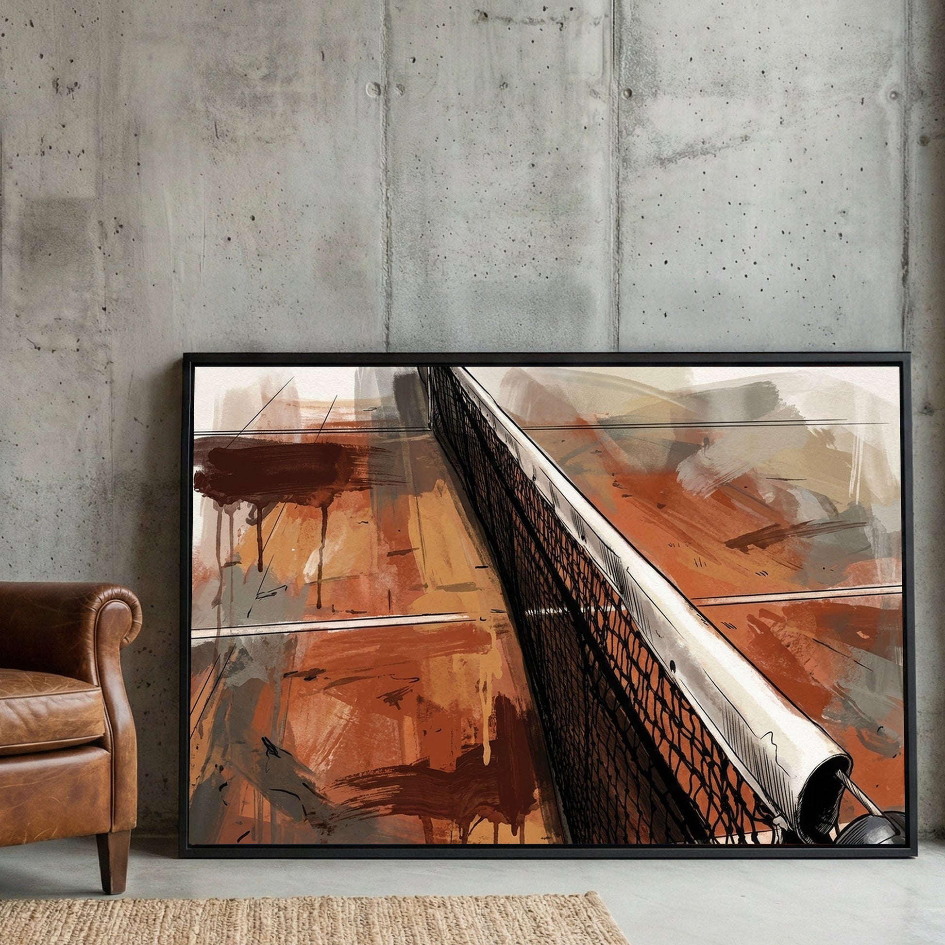 A watercolour and ink wash illustration of a Clay Tennis Court and net wall art.