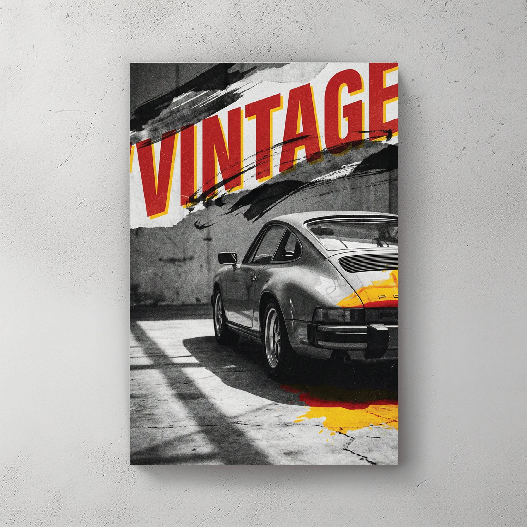 Porsche 911 wall art with red vintage typography and urban graphic elements.