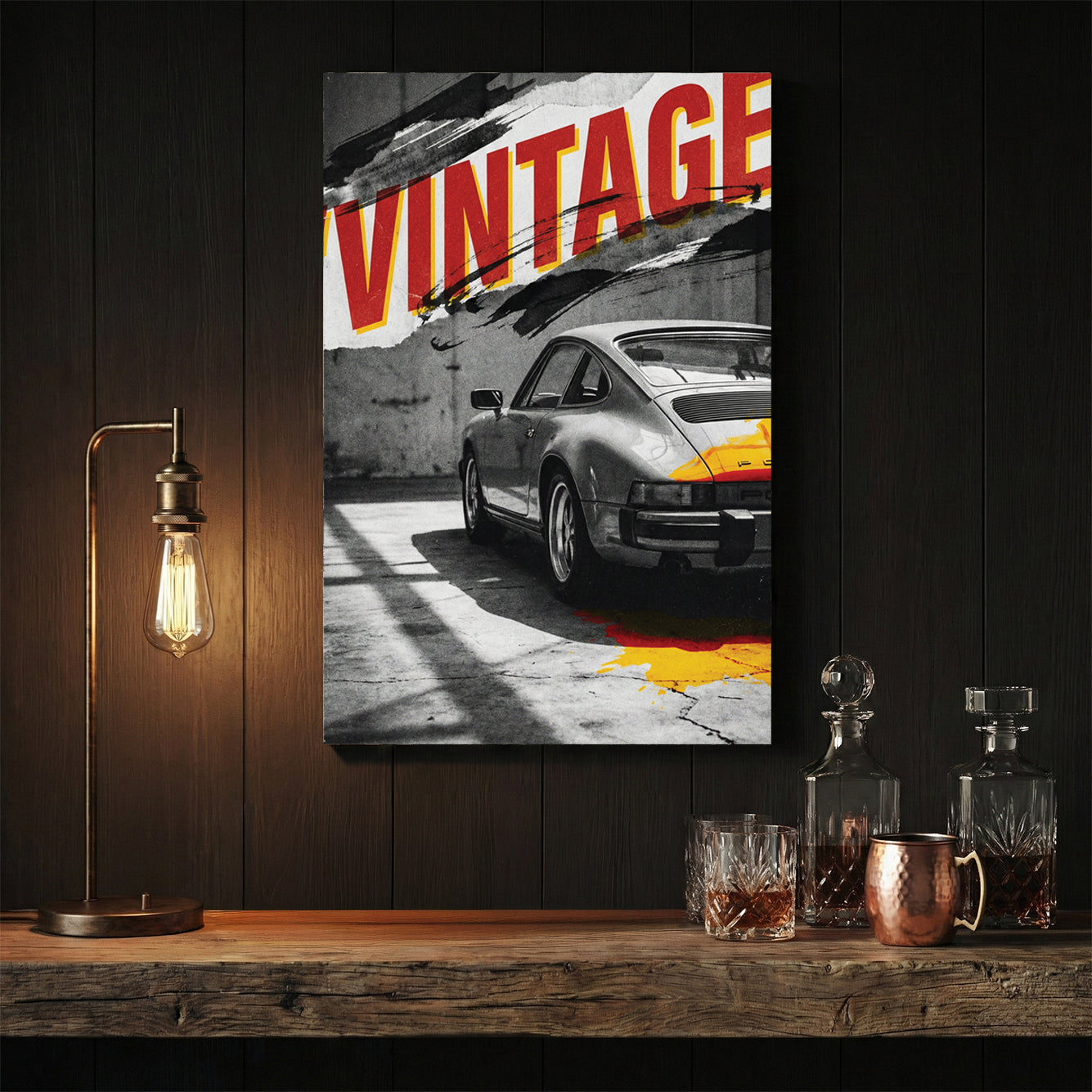 Porsche 911 wall art with red vintage typography and urban graphic elements.