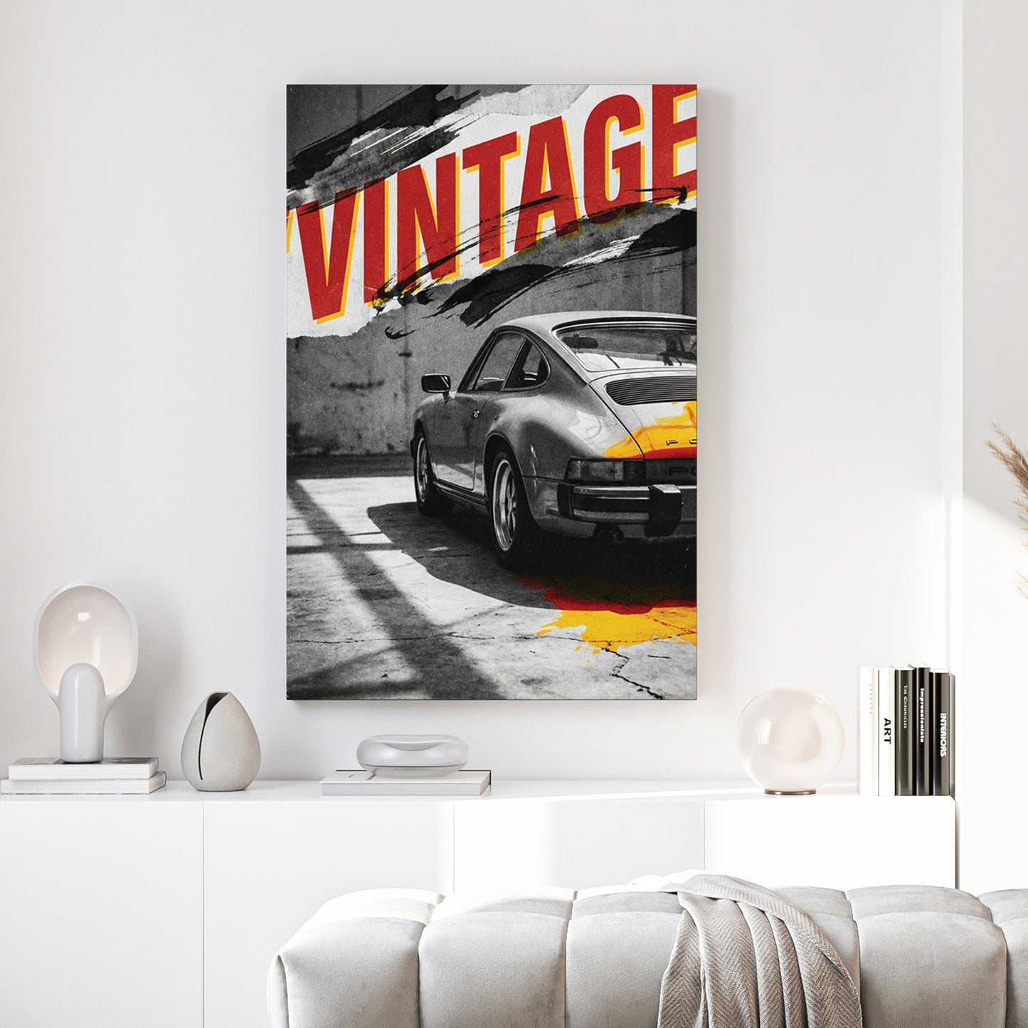 Porsche 911 wall art with red vintage typography and urban graphic elements.