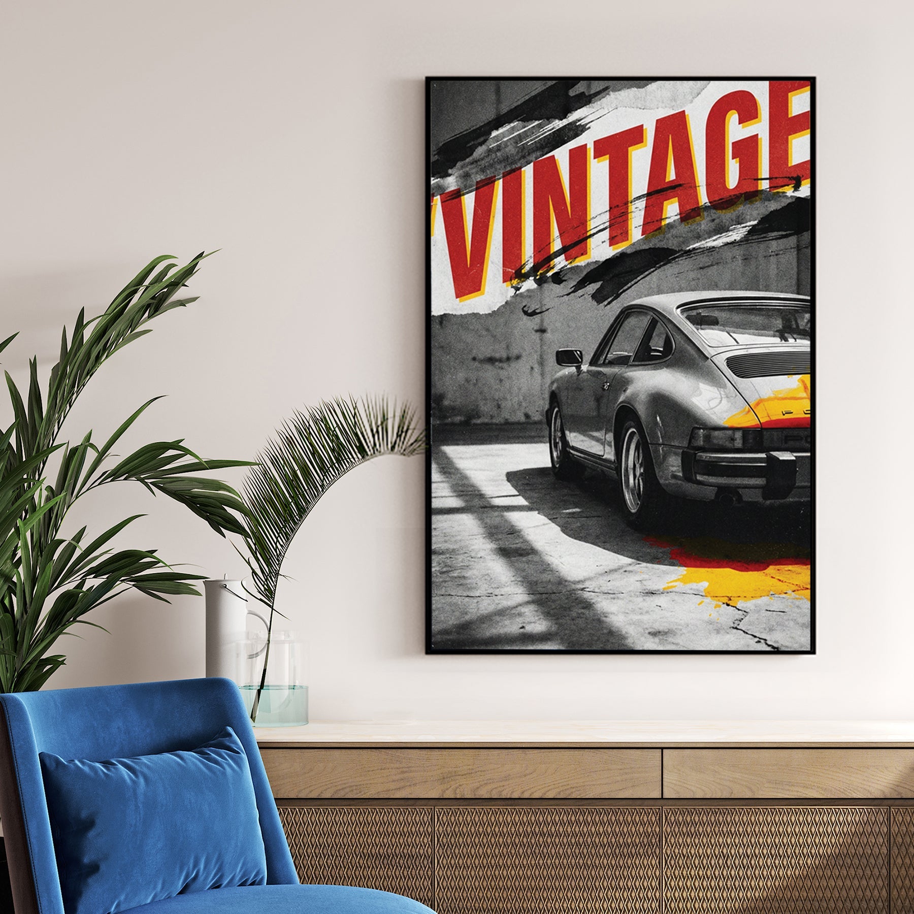 Porsche 911 wall art with red vintage typography and urban graphic elements.