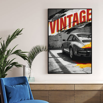 Porsche 911 wall art with red vintage typography and urban graphic elements.