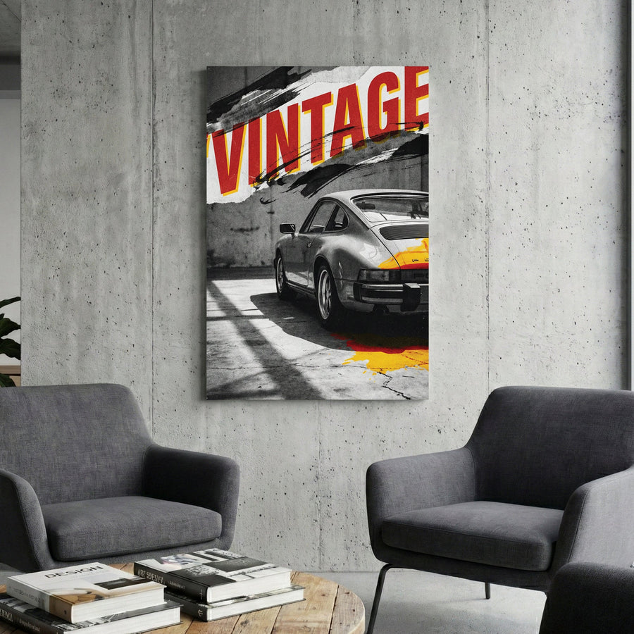 Porsche 911 wall art with red vintage typography and urban graphic elements.
