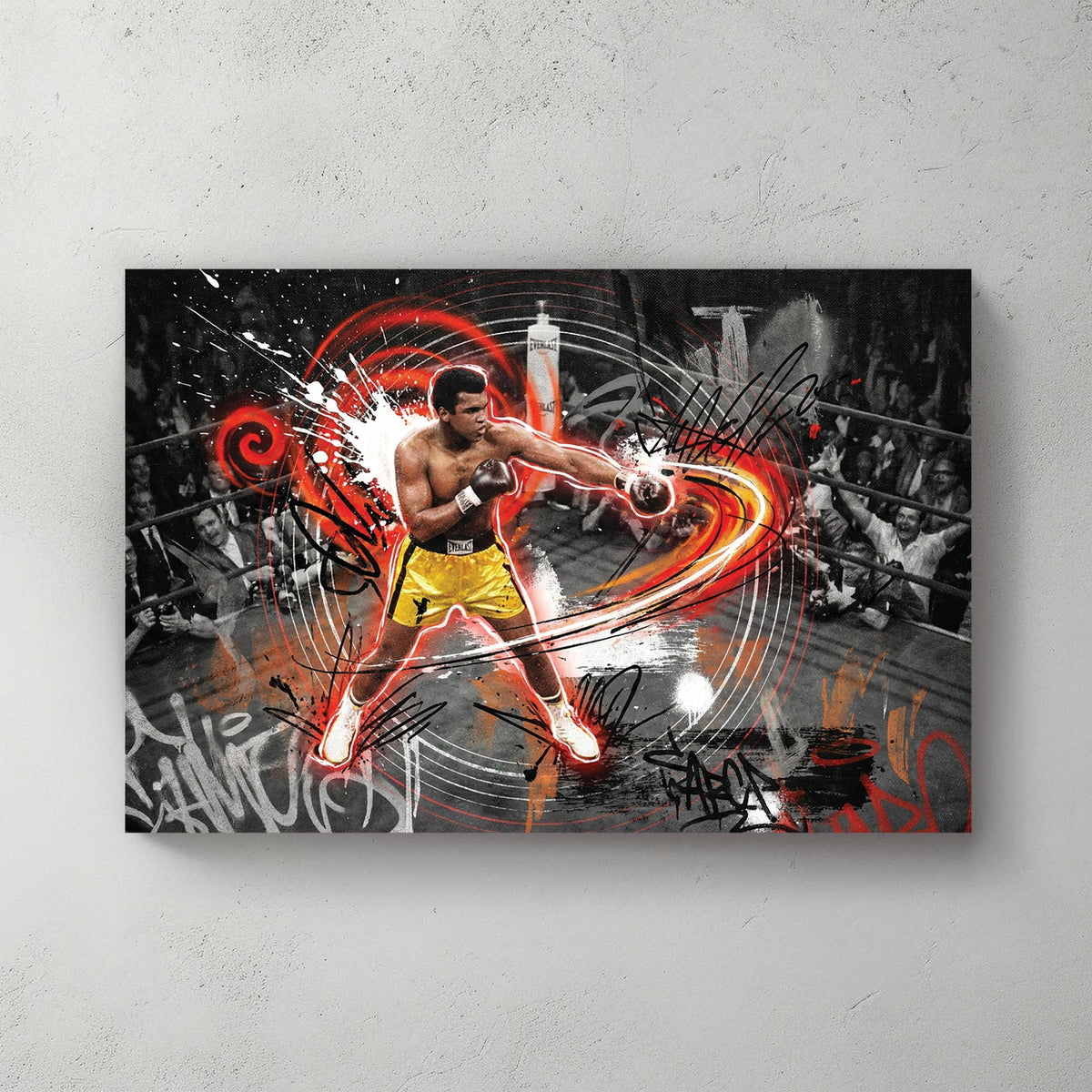 Muhammad Ali in a boxing ring with red graffiti accents on urban style wall art.