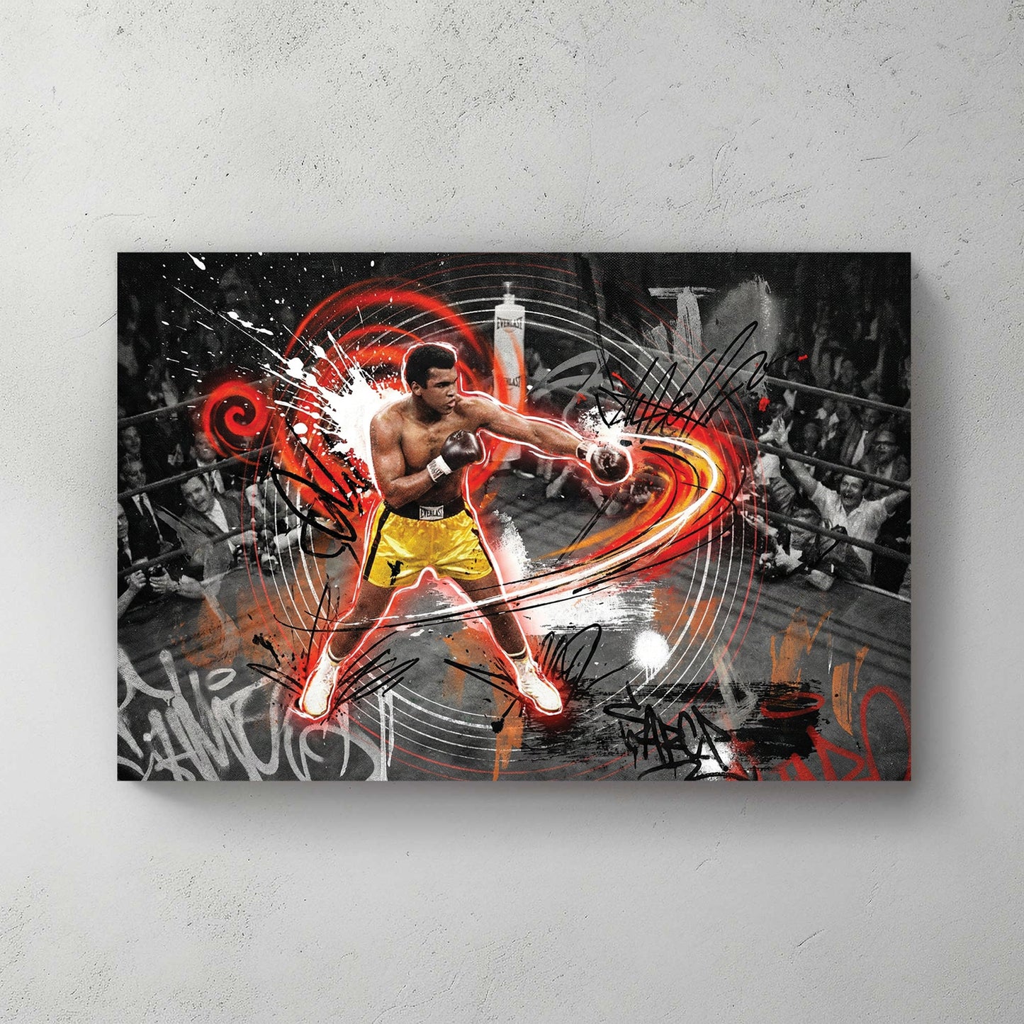 Muhammad Ali in a boxing ring with red graffiti accents on urban style wall art.