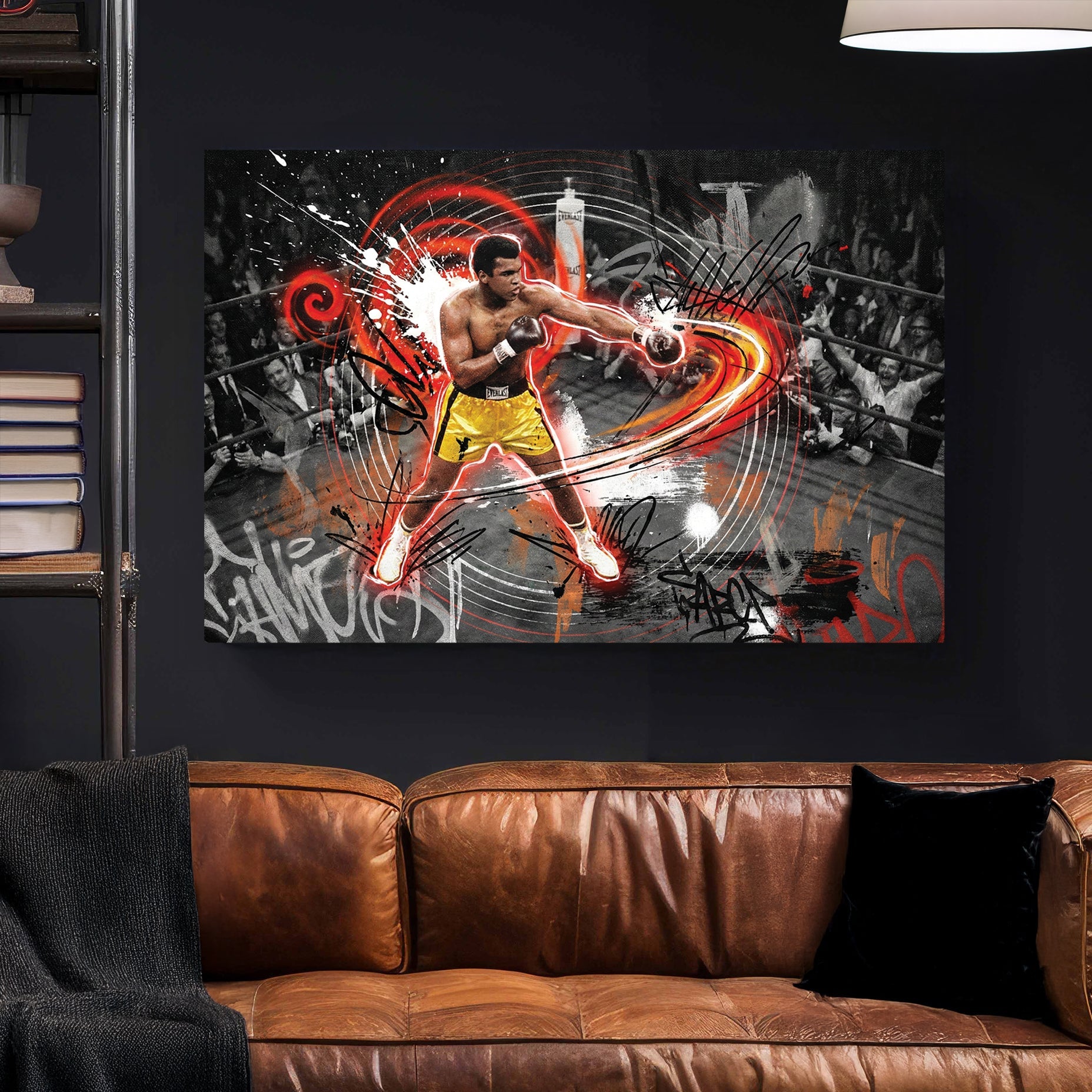 Muhammad Ali in a boxing ring with red graffiti accents on urban style wall art.