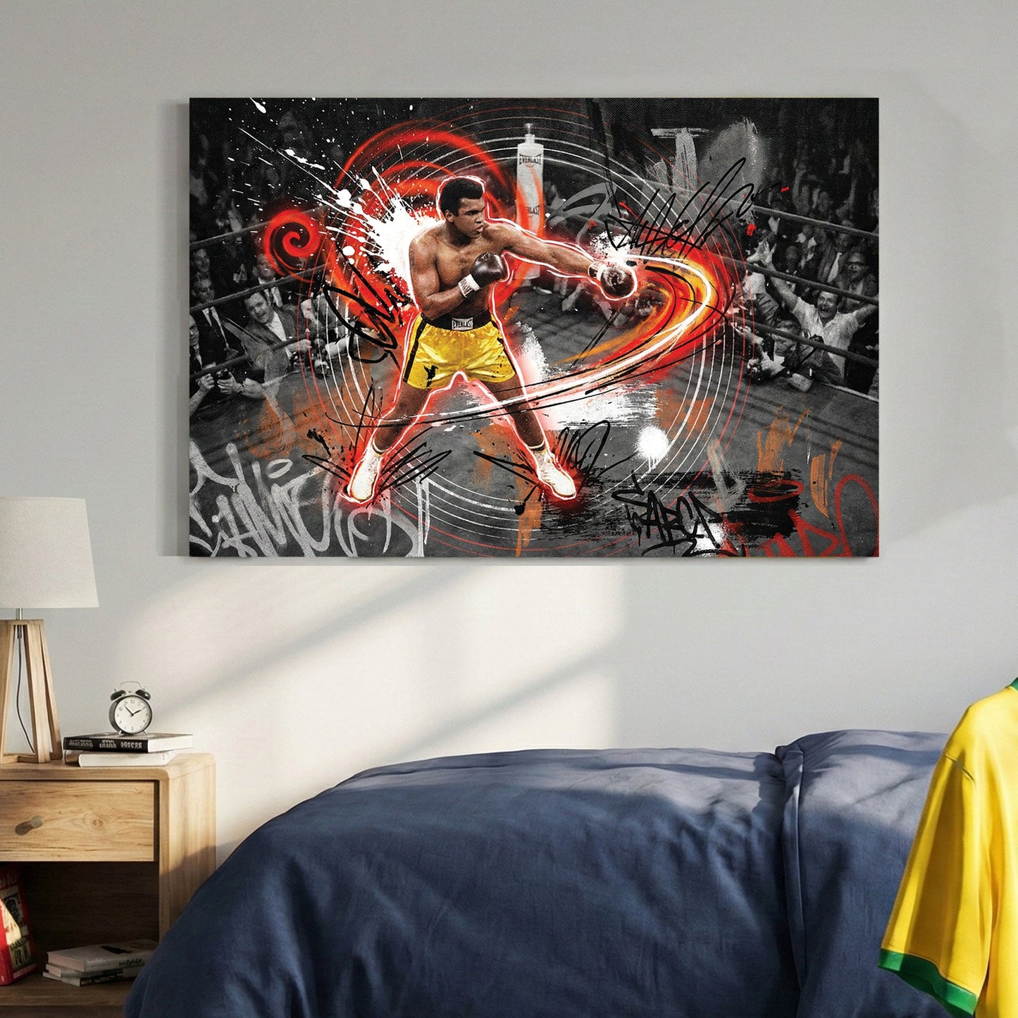 Muhammad Ali in a boxing ring with red graffiti accents on urban style wall art.