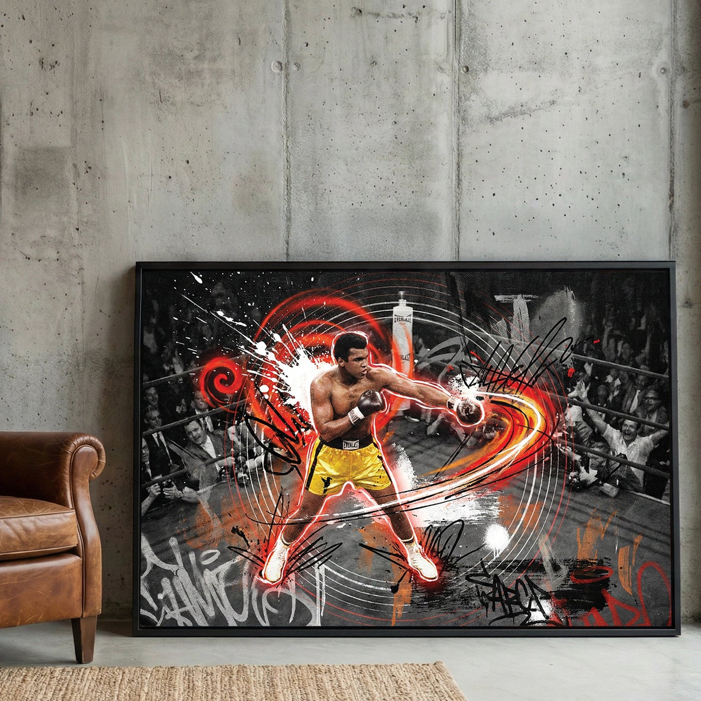 Muhammad Ali in a boxing ring with red graffiti accents on urban style wall art.