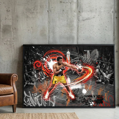 Muhammad Ali in a boxing ring with red graffiti accents on urban style wall art.