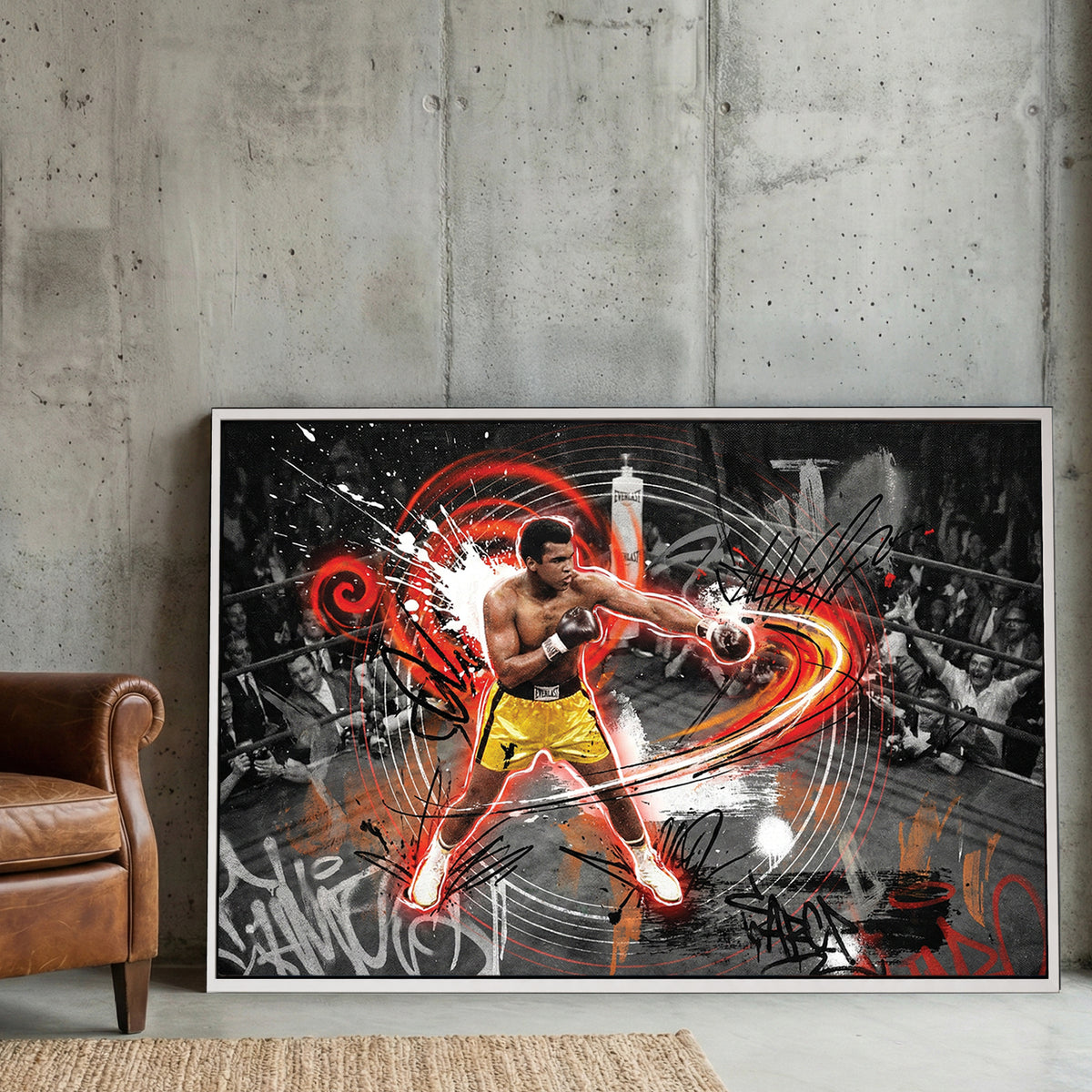 Muhammad Ali in a boxing ring with red graffiti accents on urban style wall art.