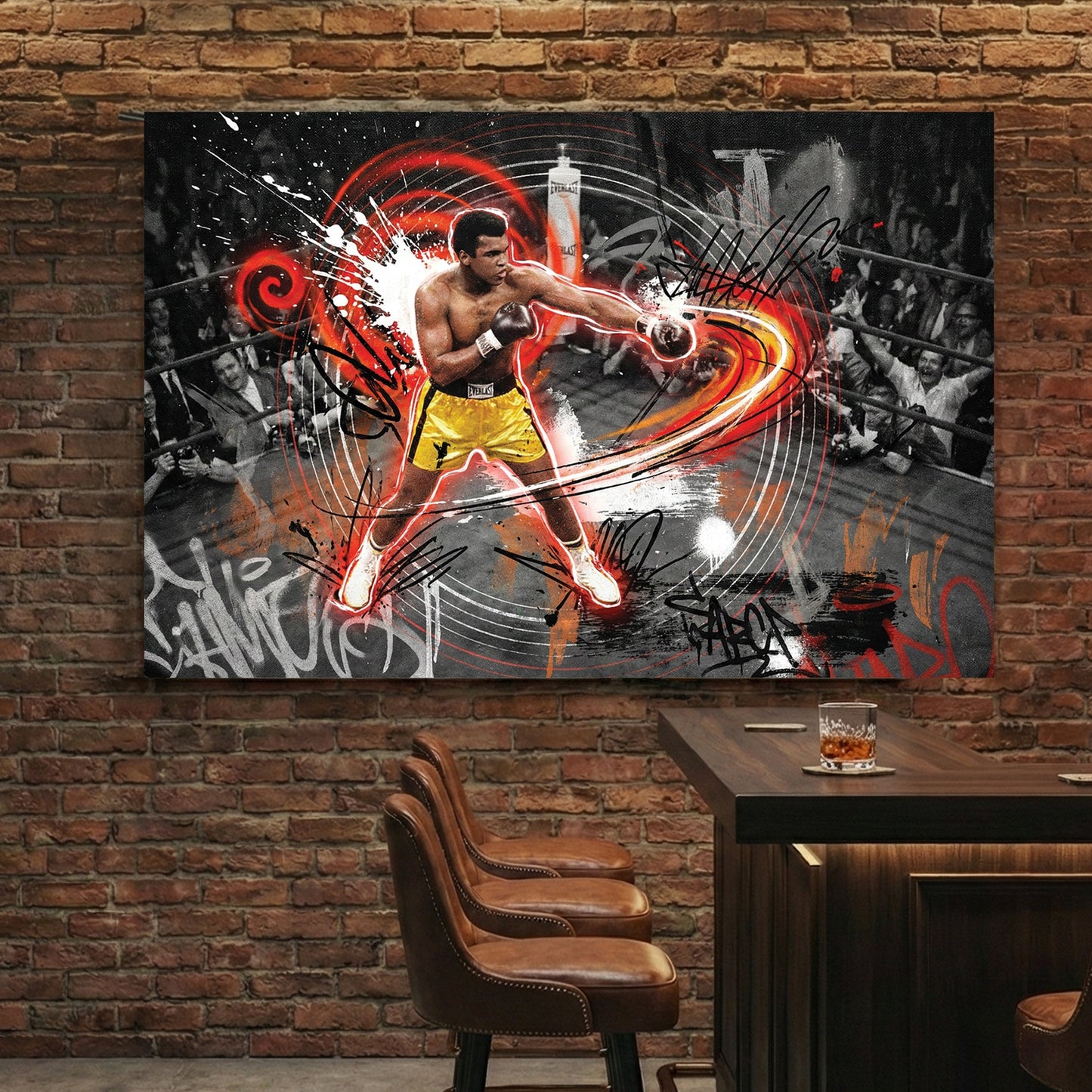 Muhammad Ali in a boxing ring with red graffiti accents on urban style wall art.