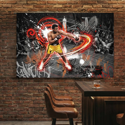 Muhammad Ali in a boxing ring with red graffiti accents on urban style wall art.