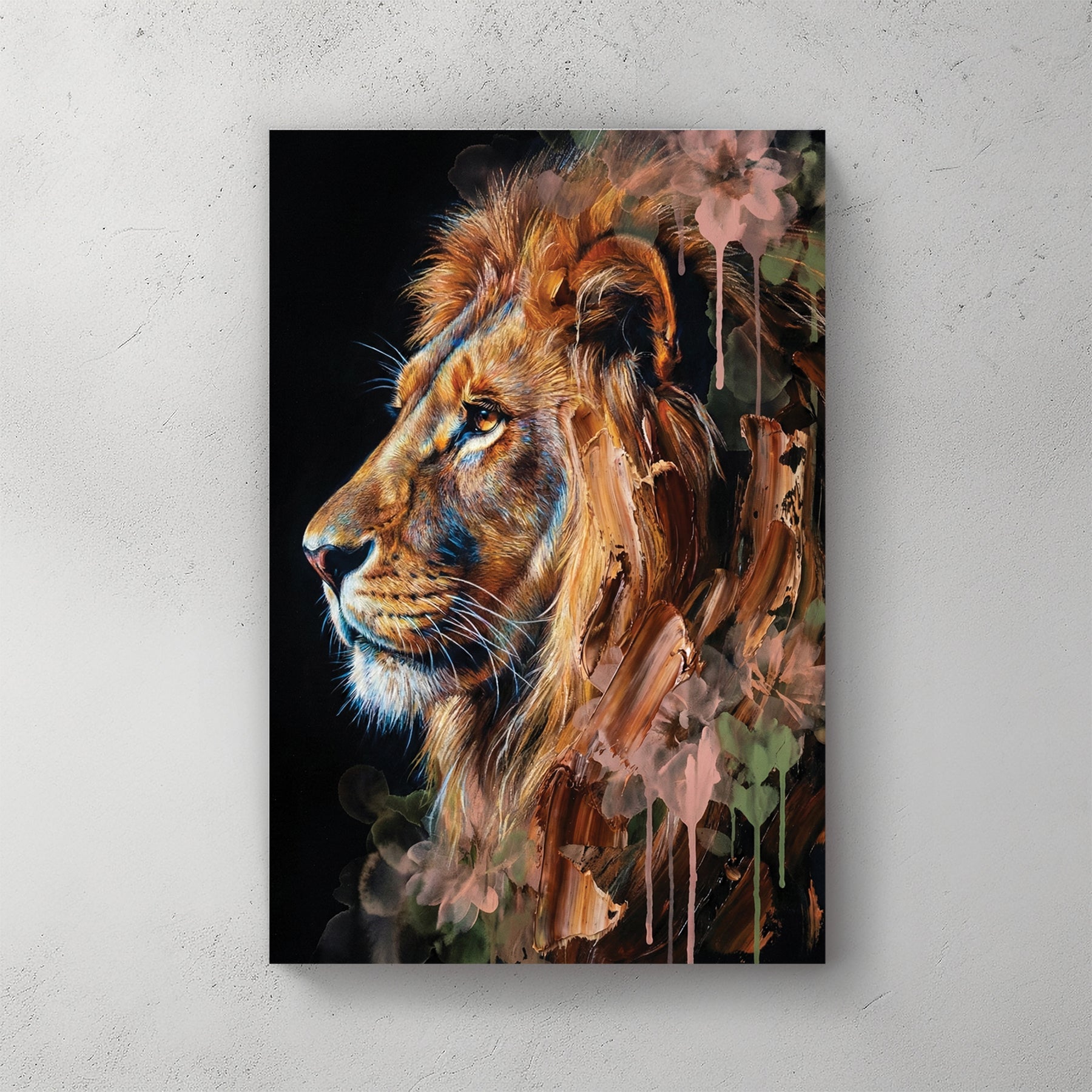 Profile of a lion with watercolour floral accents and drips in a contemporary wall art style.