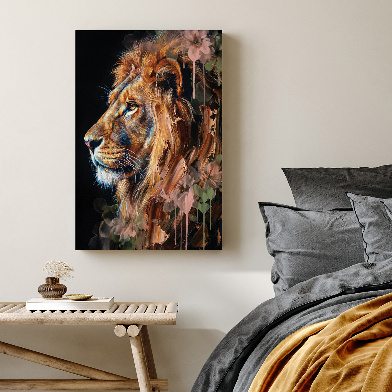Profile of a lion with watercolour floral accents and drips in a contemporary wall art style.