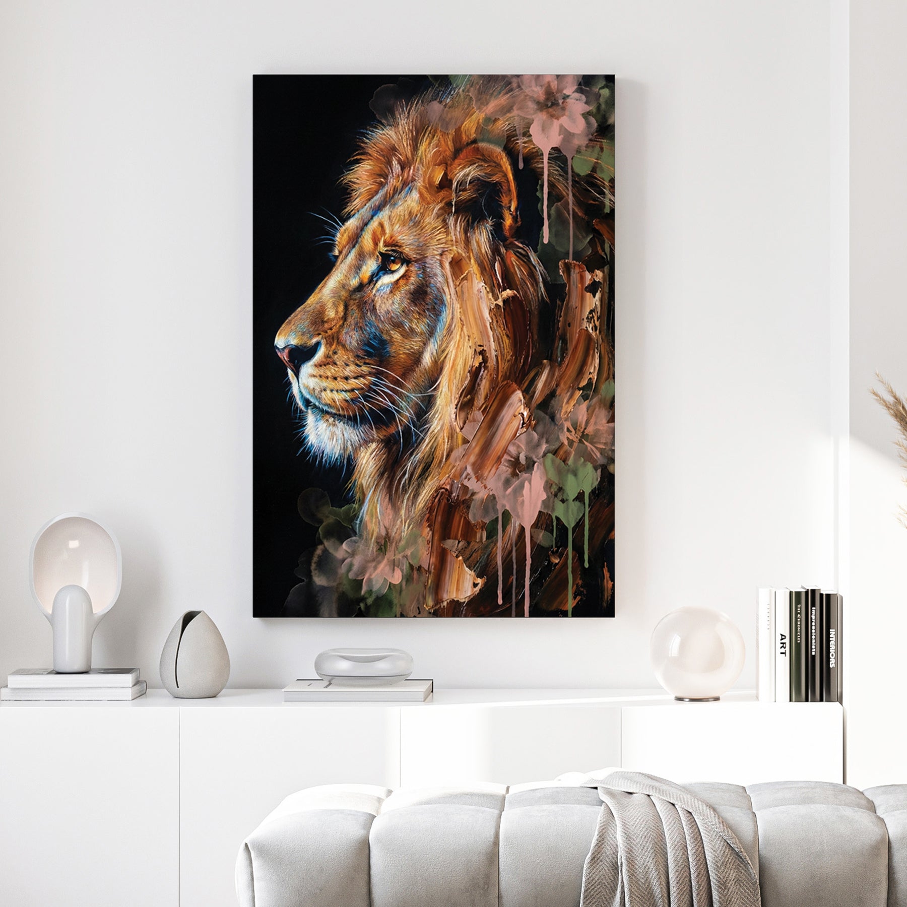 Profile of a lion with watercolour floral accents and drips in a contemporary wall art style.
