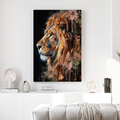 Profile of a lion with watercolour floral accents and drips in a contemporary wall art style.