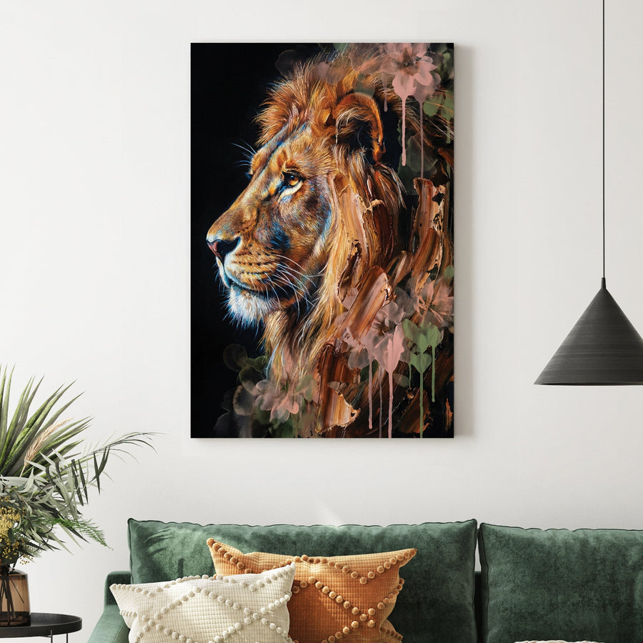 Profile of a lion with watercolour floral accents and drips in a contemporary wall art style.