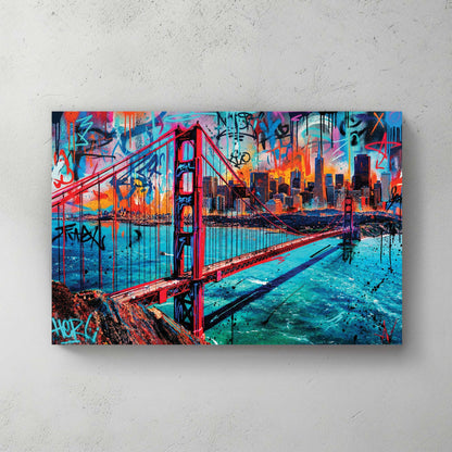 Golden Gate Bridge and San Francisco skyline in a vibrant graffiti street art wall art style.