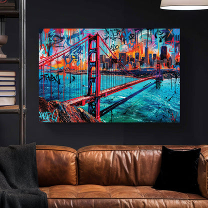Golden Gate Bridge and San Francisco skyline in a vibrant graffiti street art wall art style.