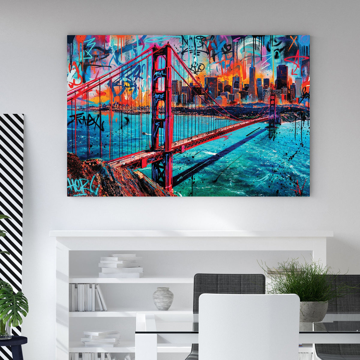 Golden Gate Bridge and San Francisco skyline in a vibrant graffiti street art wall art style.