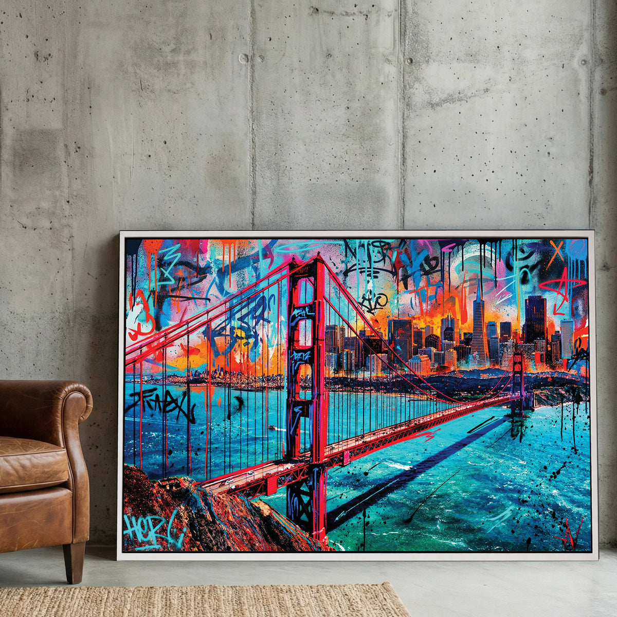 Golden Gate Bridge and San Francisco skyline in a vibrant graffiti street art wall art style.
