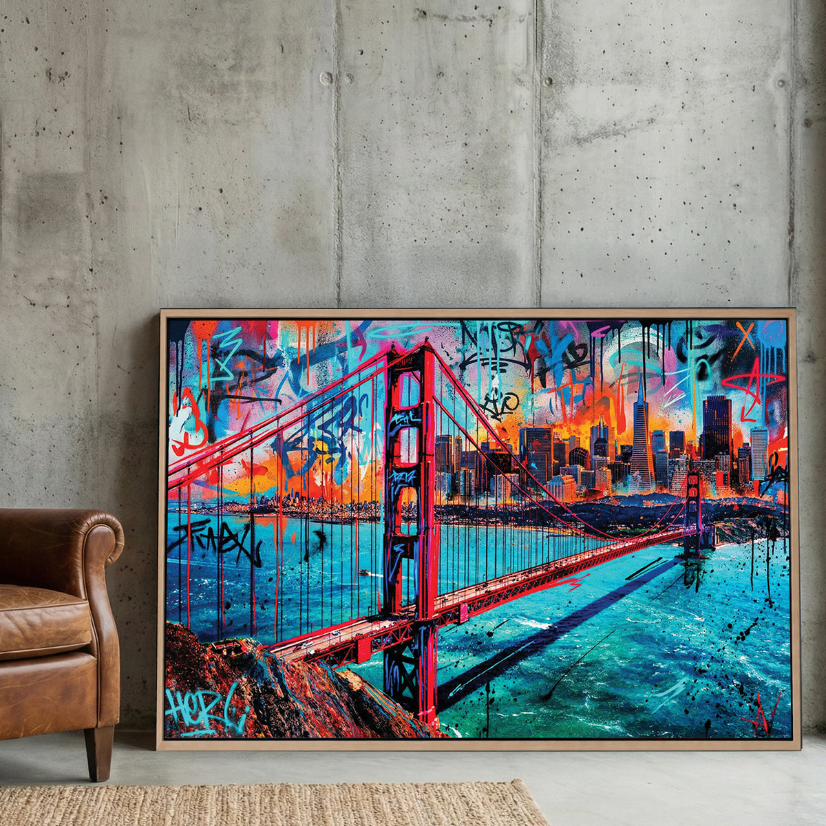 Golden Gate Bridge and San Francisco skyline in a vibrant graffiti street art wall art style.