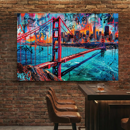Golden Gate Bridge and San Francisco skyline in a vibrant graffiti street art wall art style.