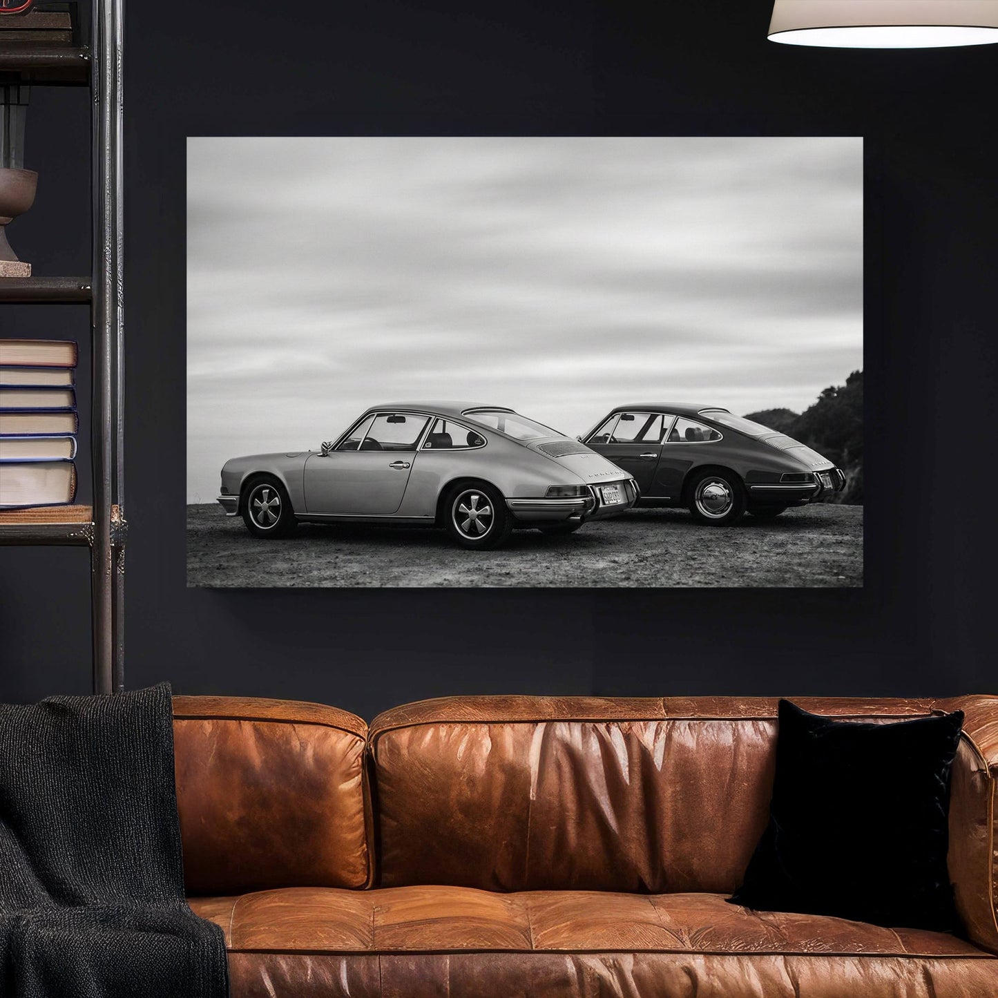 Two vintage Porsche 911 cars in black and white photography wall art.