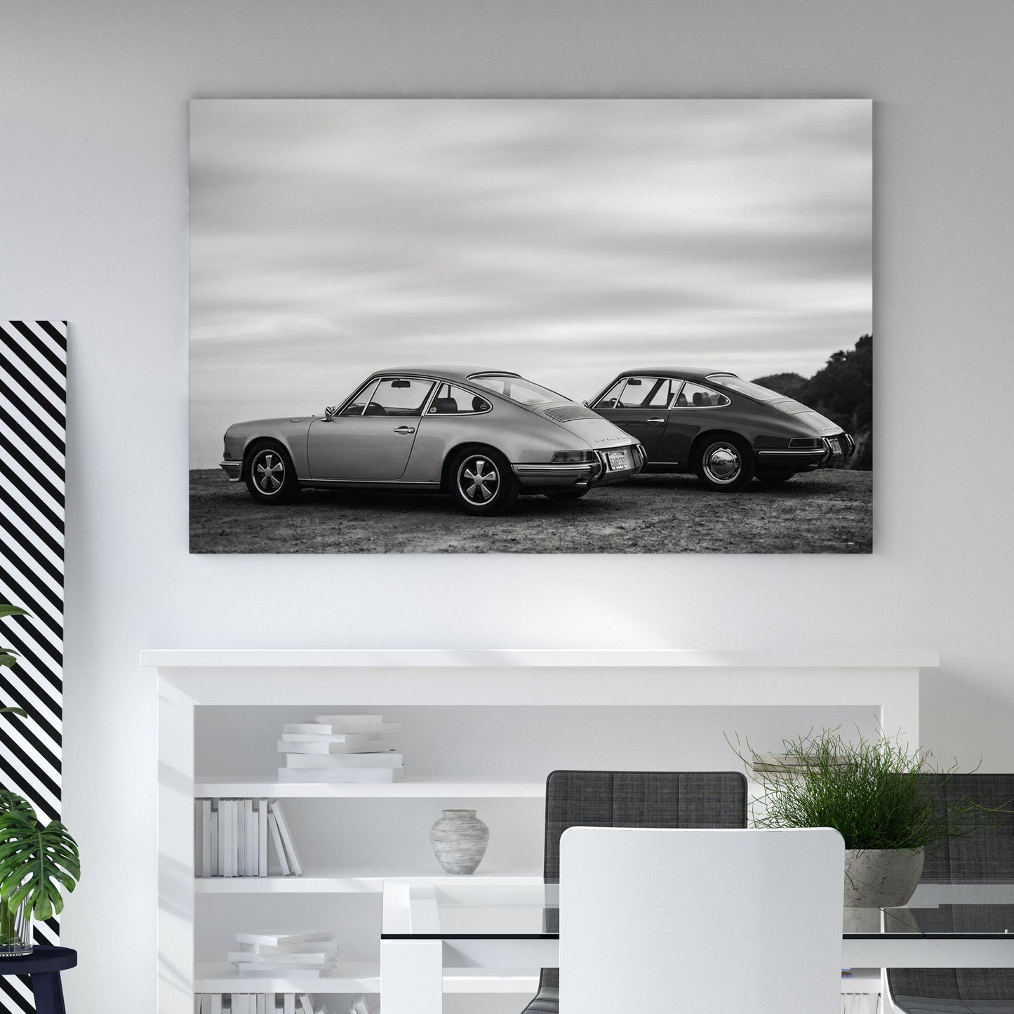 Two vintage Porsche 911 cars in black and white photography wall art.