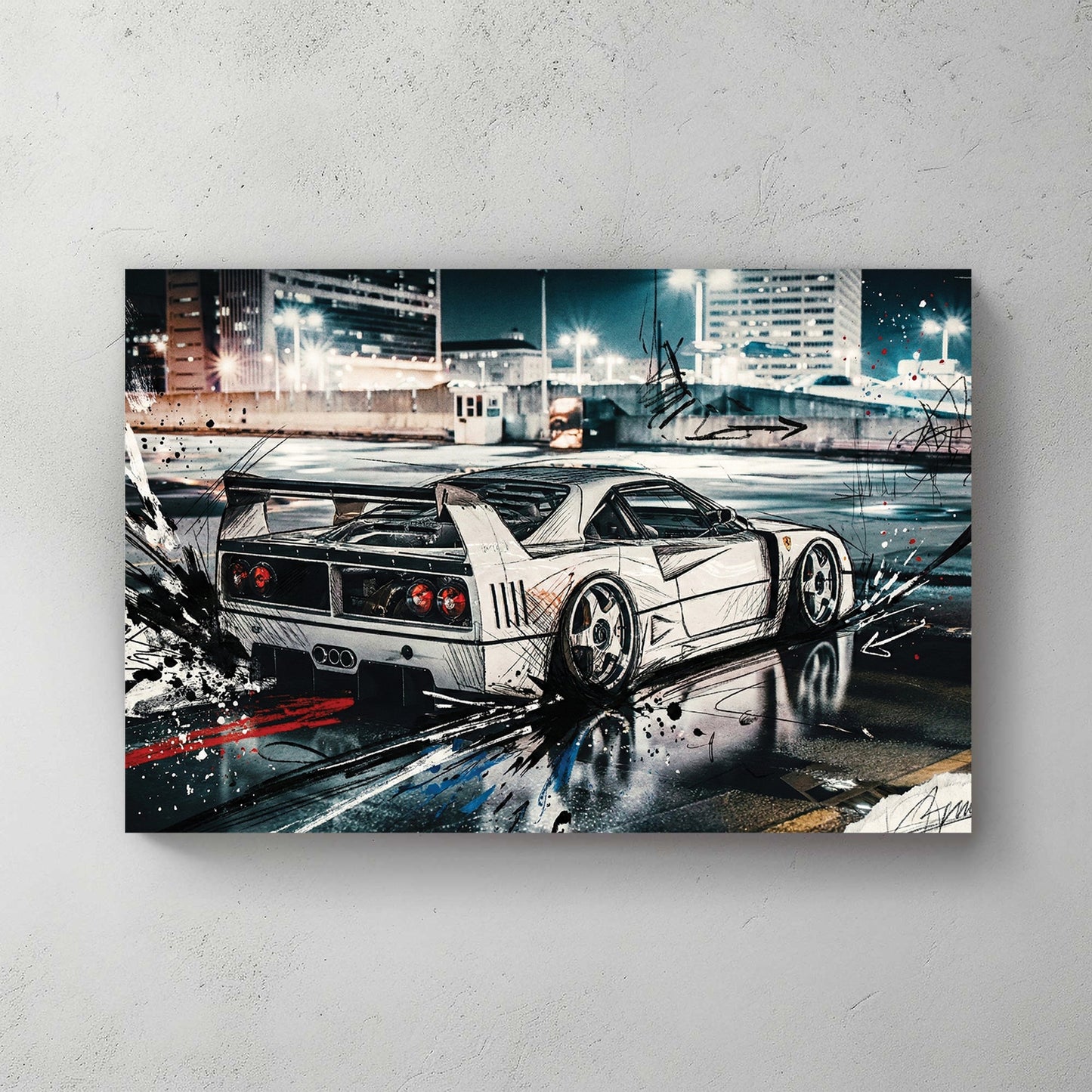 Ferrari F40 wall art with urban street art lines and a city night background.