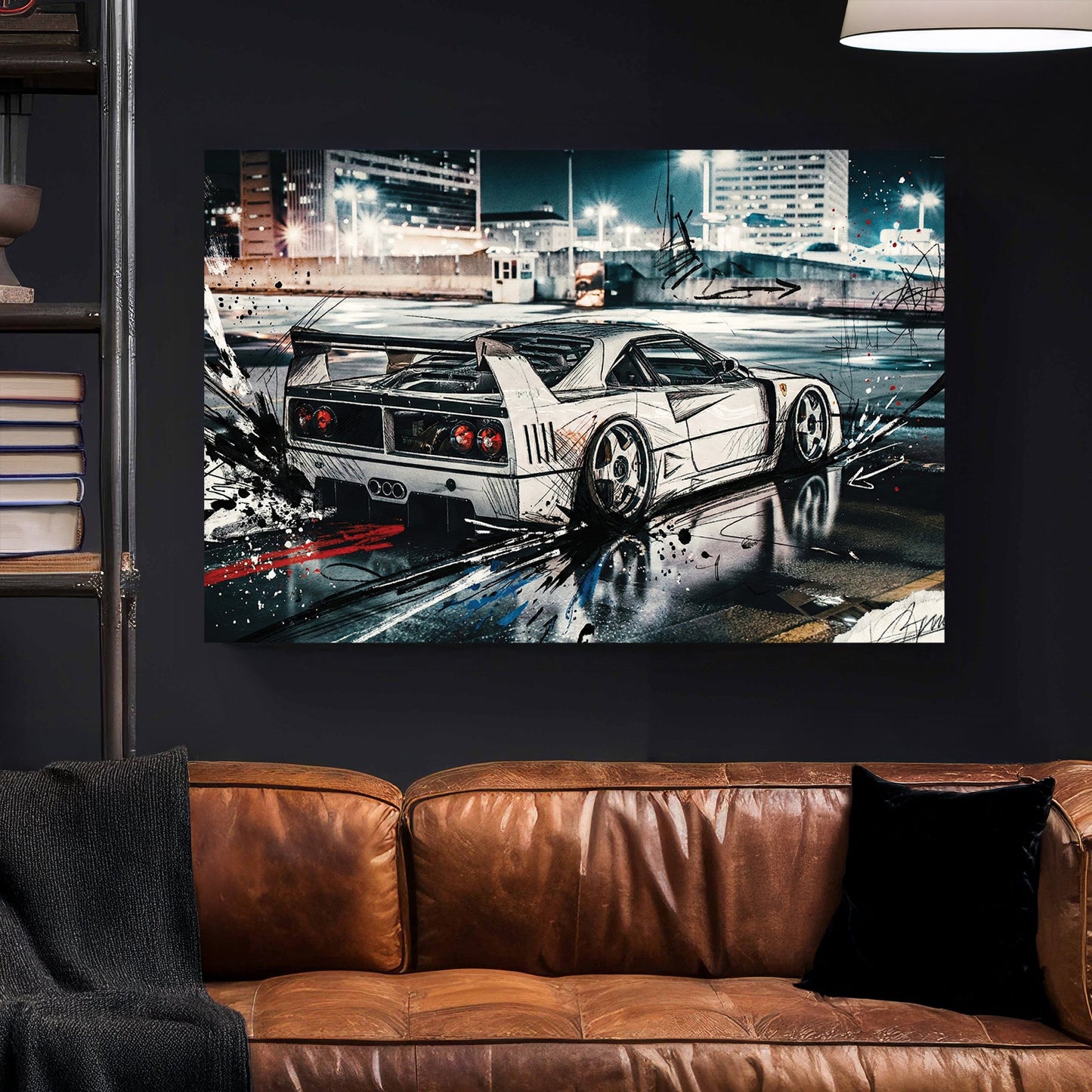 Ferrari F40 wall art with urban street art lines and a city night background.