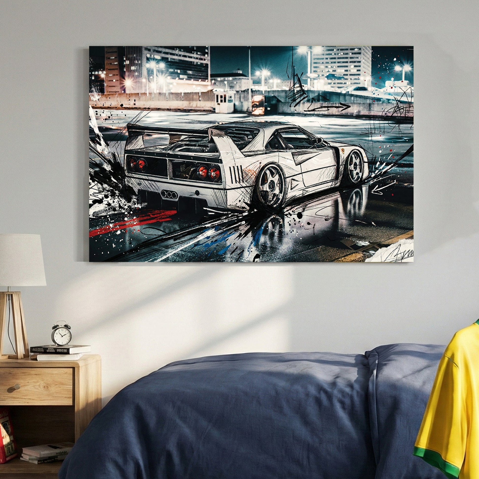 Ferrari F40 wall art with urban street art lines and a city night background.