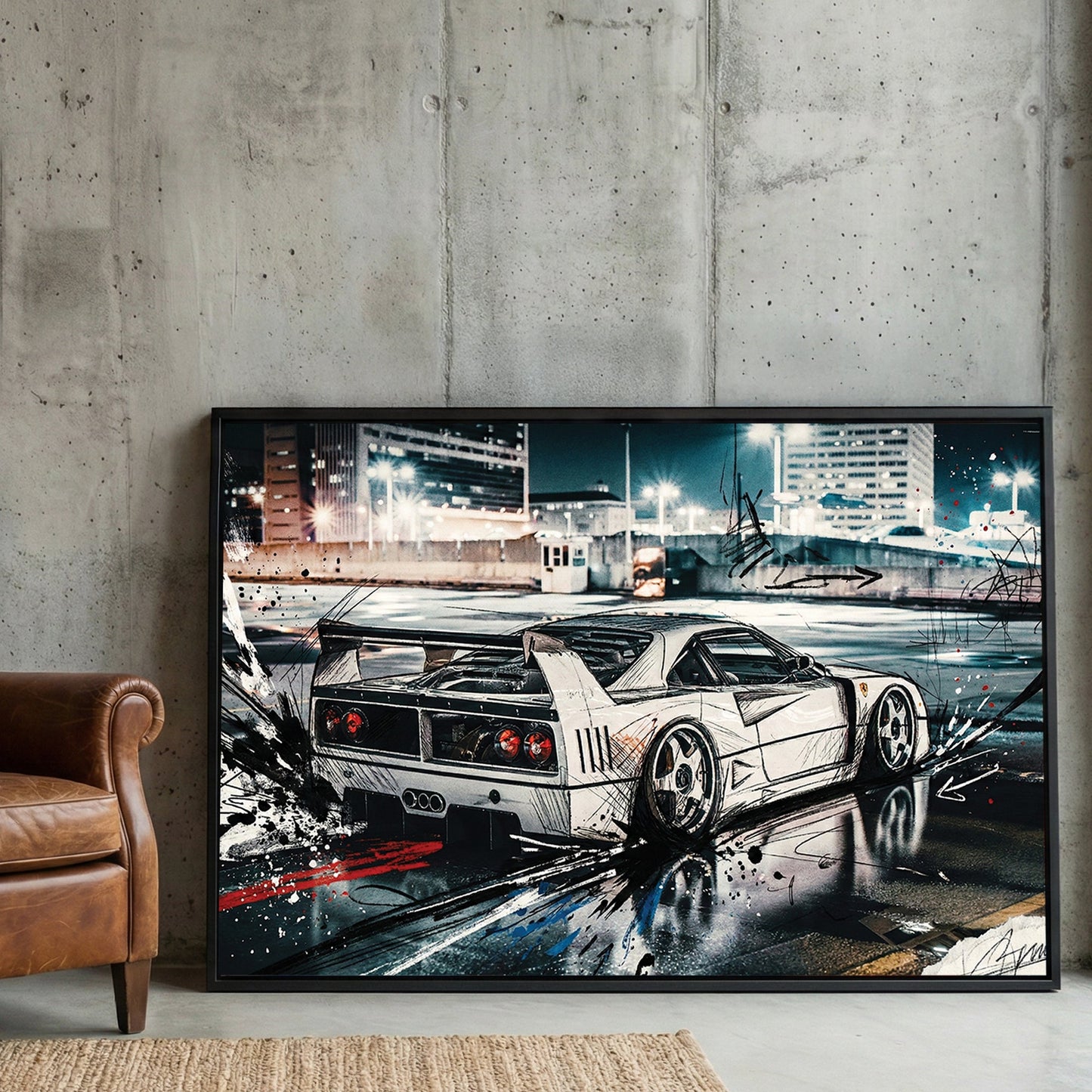 Ferrari F40 wall art with urban street art lines and a city night background.