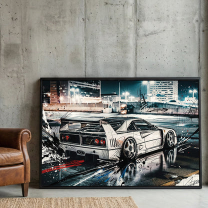 Ferrari F40 wall art with urban street art lines and a city night background.