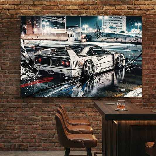 Ferrari F40 wall art with urban street art lines and a city night background.