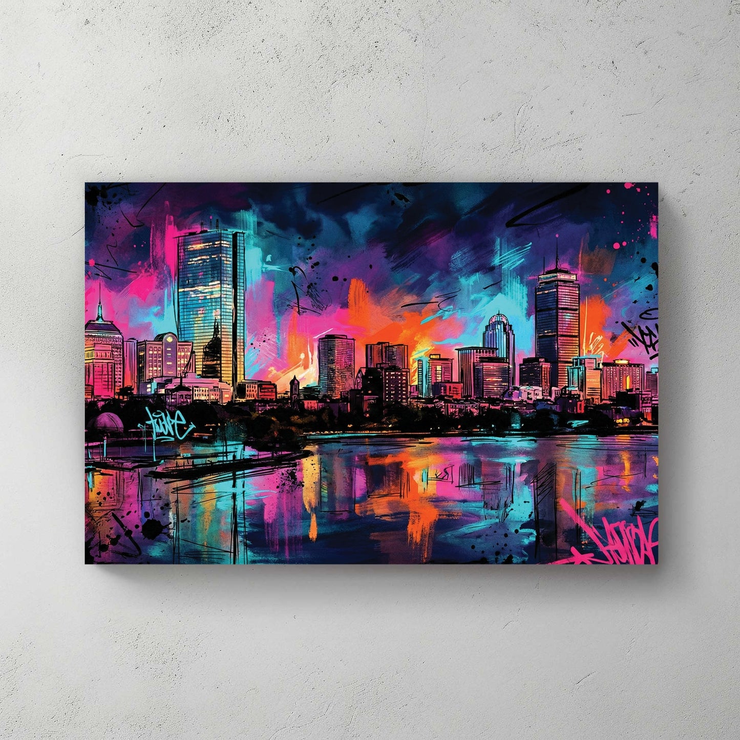 Boston skyline street art featuring neon graffiti and city reflections wall art.